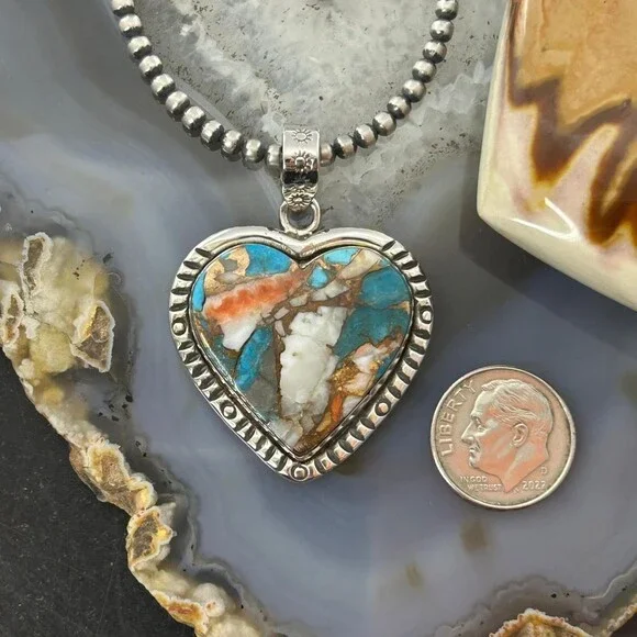 Sterling Southwestern Style Turquoise Spiny Oyster Heart Pendant For Women - Picture 8 of 10